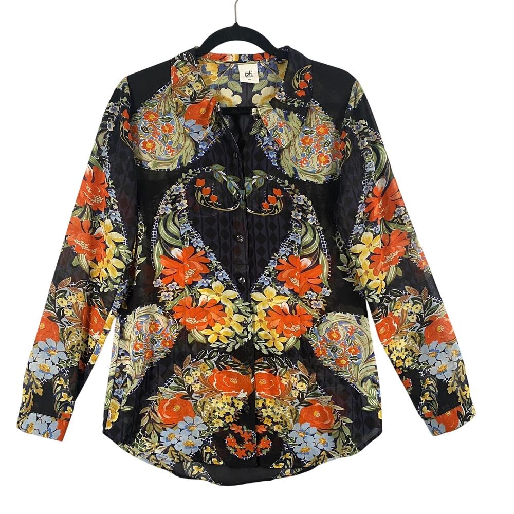 CAbi Amour Sheer Button Up Blouse Black Orange Floral 3072 Womans Size Small